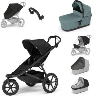 Set 7v1 Thule Urban Glide 3 Black + pláštěnka + ochranná síť + madlo + korbička Mid blue + pláštěnka + ochranná síť na korbičku