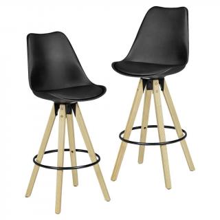 2x černá barová židle skandinávská v koženém vzhledu, dřevěné nohy