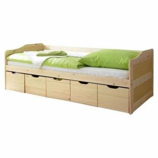 Dětská vyvýšená postel s 5 velkými šuplíky přírodní dřevo 90x200 cm