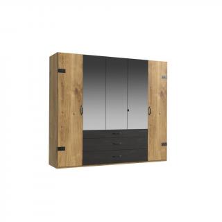 Industriální designová šatní skříň se šuplíky dřevodekor dub / grafit, 3x šuplík, 58x250x216 cm