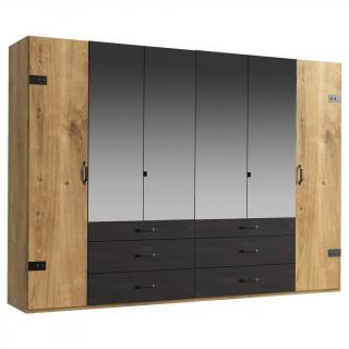 Industriální designová šatní skříň se šuplíky dřevodekor dub / grafit, 3x šuplík, 58x300x216 cm