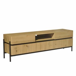 Industriální dřevěný široký stolek pod televizi, kovový rám a nohy, dub hnědý / černá, 175 cm