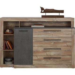 Komoda sideboard piniová borovice + beton, hnědá / tmavě šedá, 43,4x160,5x107,3 cm