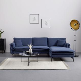 Kvalitní moderní sedačka do L tmavě modrá + černé nohy, čalouněná záda