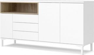 Moderní designová komoda na nožičkách s otevřenou přihrádkou, bílá / dřevo dub, 180x90x48 cm