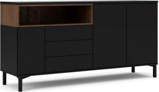 Moderní designová komoda na nožičkách s otevřenou přihrádkou, černá / dřevo ořech, 180x90x48 cm