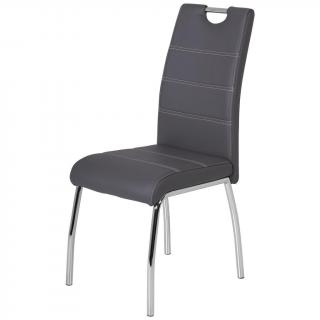 Moderní jídelní židle v koženém vzhledu, čtyři chromované nohy, šedá