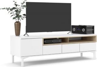 Moderní skříňka pod tv bílá / dub široká nízká, poličky na audio a hifi, 155,5x48x48 cm