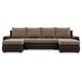 Pohodlná rodinná sedací souprava do U 300 cm imitace kůže + látka, cappuccino / hnědá