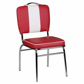 Retro židle v americkém stylu červená s bílým pruhem, kovový chromovaný rám, vysoká nosnost 120 kg