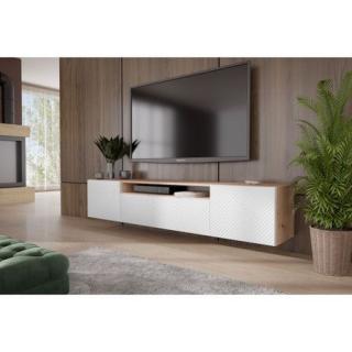 Široká tv skříňka nástěnná 200 cm dub artisan / bílá drážkovaná bezúchytková, moderní design