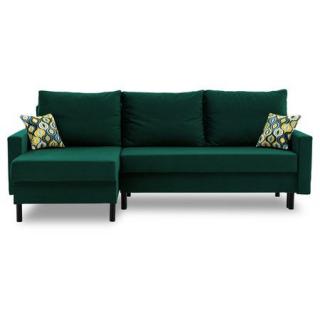 Tmavě zelená rozkládací sedačka do L v retro stylu, vyšší nožky, úložný prostor, 223 cm