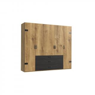Velká šatní dřevěná skříň v industriálním stylu, dub / grafit, 3x šuplík, 58x250x216 cm