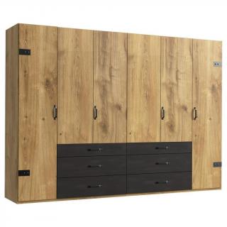 Velká šatní dřevěná skříň v industriálním stylu, dub / grafit, 3x šuplík, 58x300x216 cm